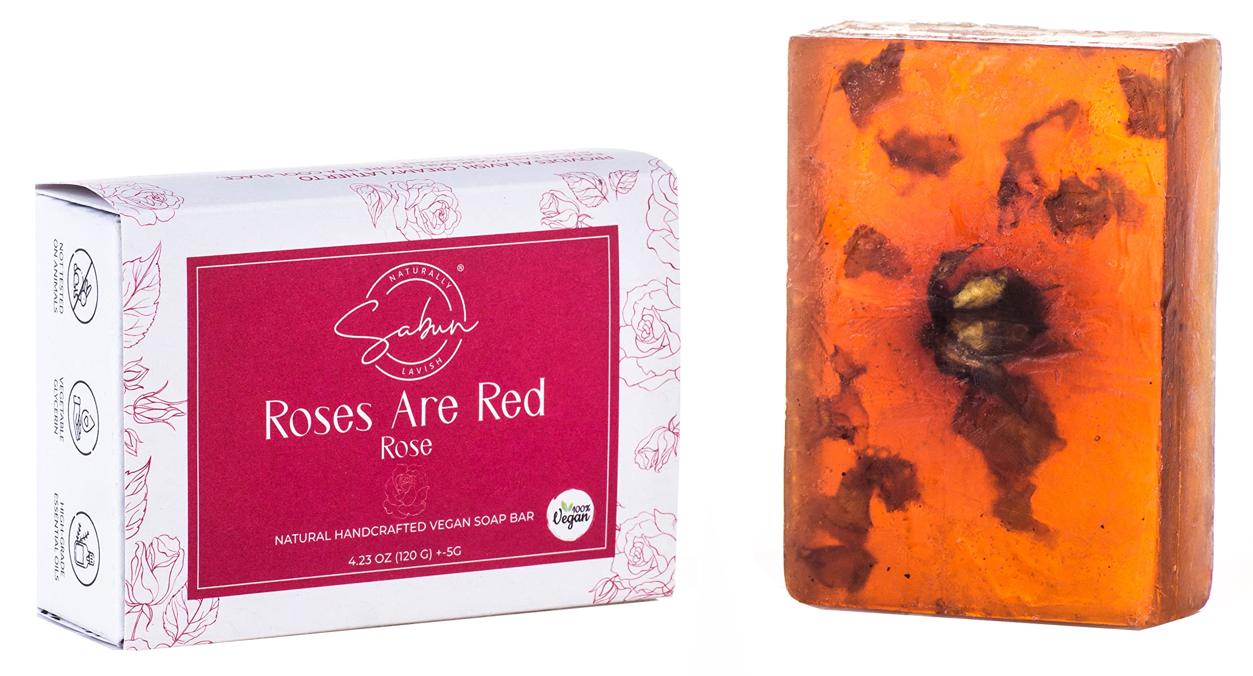 SABUN CO. Rose Oil Soap - Enriched with Rose Essential Oil & Rose Petals - 100% Handcrafted pH Balanced Moisturizing Natural Glycerin Soap - GREAT For Sensitive Skin & Facial Care [4.23 oz - 120 gr]