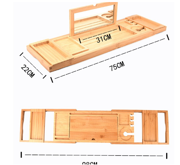 Wooden Bathroom Tray Stretchable Makeup&Reading Rack Tablet Computer Stand Storage Box