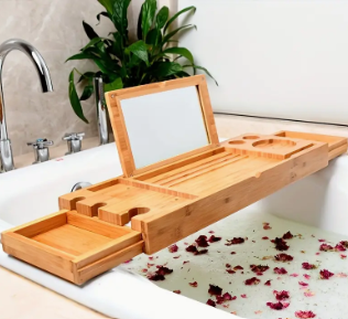Wooden Bathroom Tray Stretchable Makeup&Reading Rack Tablet Computer Stand Storage Box