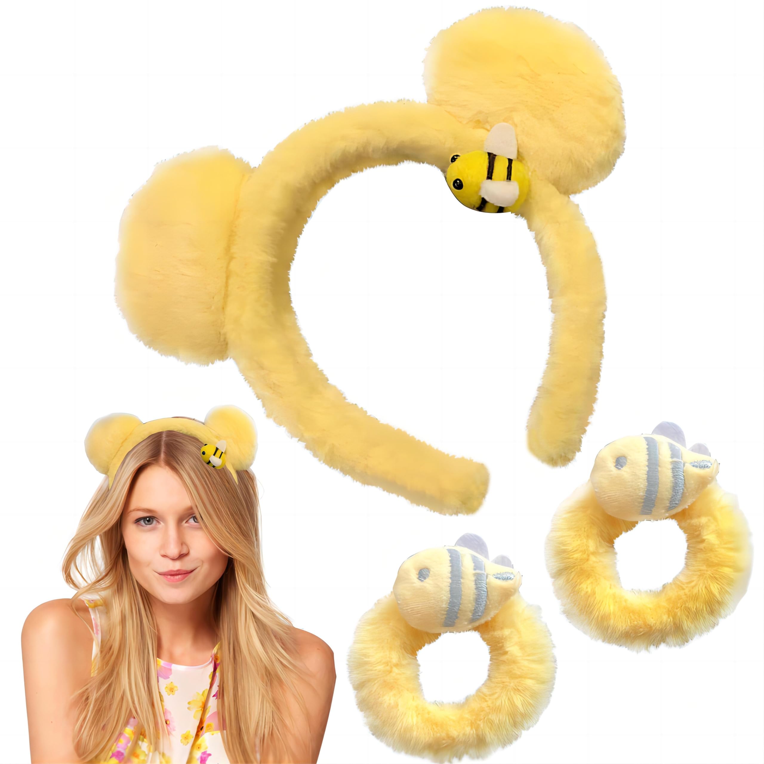 AEGYPIUS Yellow Bear Ears Headband 3 Pcs Bear Ear Headband and Yellow Scrunchie Yellow Hair Ties Bear Headband Ears Bear Ears Headband Adult Yellow Care Bear Ears Headband Yellow Ears Headband