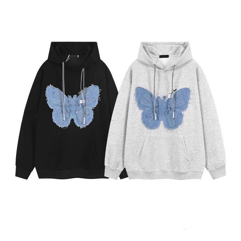 Retro Patch Denim Butterfly Flower Hoodie Sweatshirt
