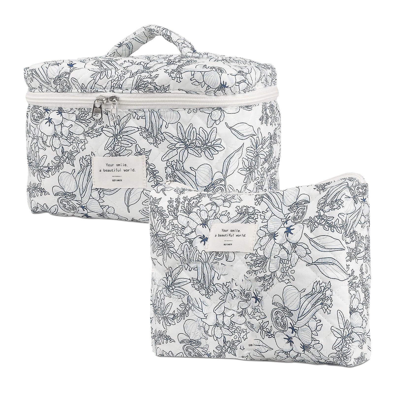 Large Makeup Bag Floral Cosmetic Bag Quilted Flower Travel Makeup Toiletry Bags Set Organizer Cotton Cute Make Up Accessories Zipper Bags Pouch Travel Essentials Gifts for Women Teen Girls Blue