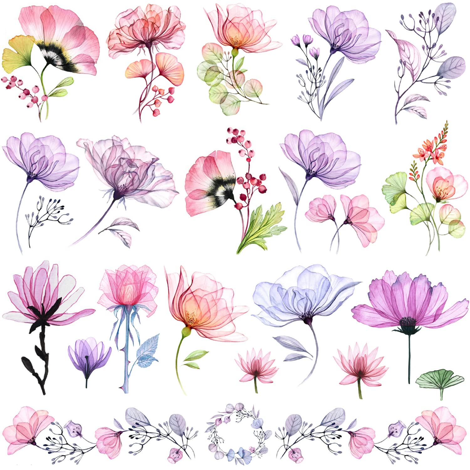 Tazimi 16 Sheets X-Ray Flower Temporary Tattoos for Women Xray Watercolor Rose Lily Flower Tattoos Arm Fake Flower Tattoo Stickers Body Art Waterproof Tattoo Stickers