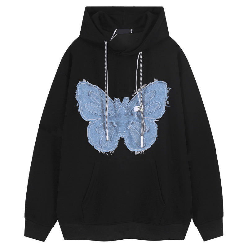 Retro Patch Denim Butterfly Flower Hoodie Sweatshirt