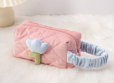 Corduroy Flower Makeup Bag Set for Travel and Beauty