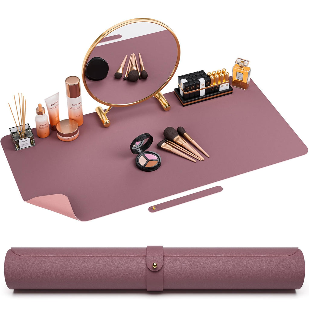 Noverlife Large Leather Table Mat for Makeup Vanity Desk Cover Pad Easy to Clean Countertop Protector Laptop Desk Writing Mat Craft Mat Nail Table Pad for Home Office Pink+Purple(31.5x15.7in)