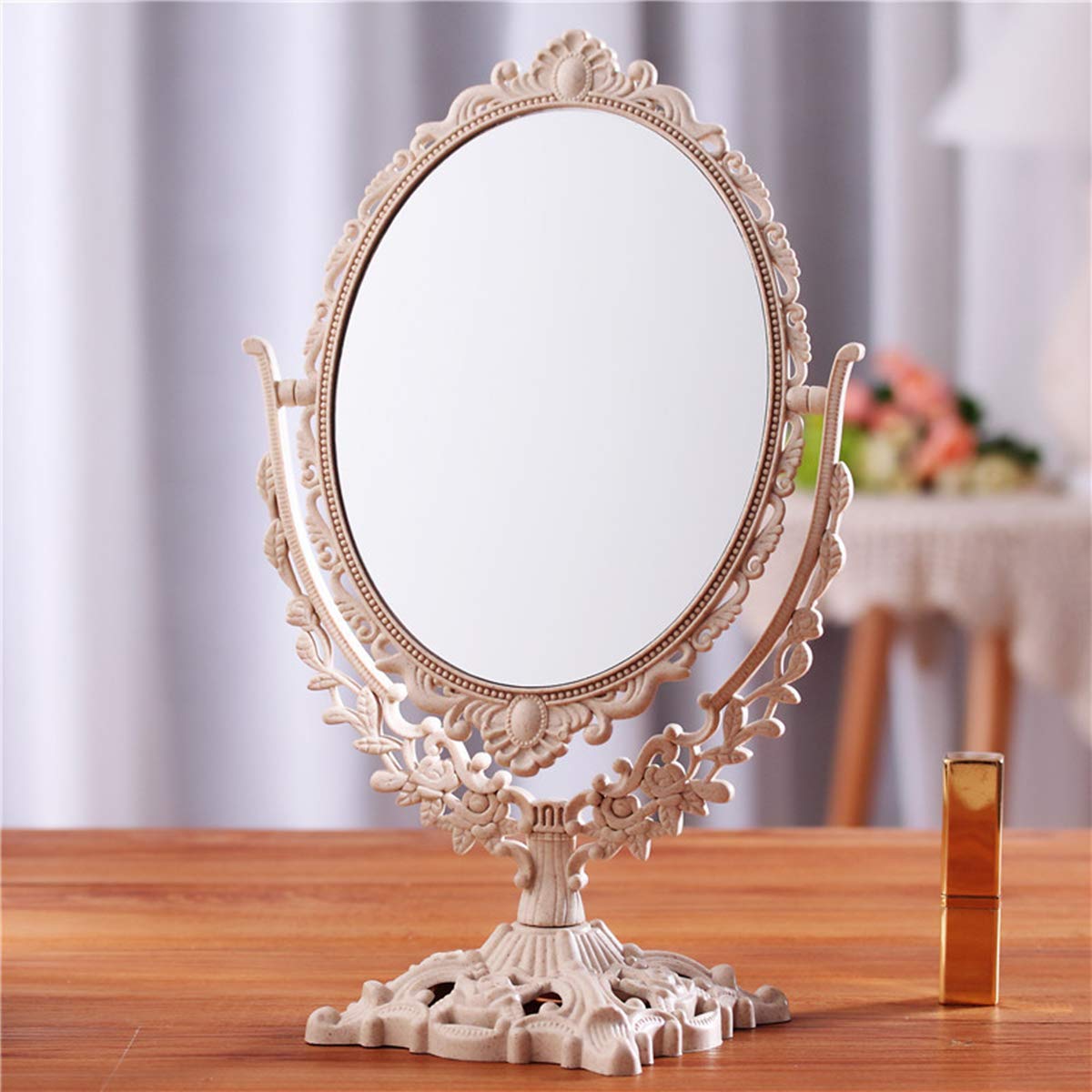 schonee Retro Double Sided Tabletop Makeup Mirror Oval Swivel Desktop Stand Mirror 360 Degree Rotation Vintage Two-Sided Makeup Mirror (Double Sided Mirror-Nano White)