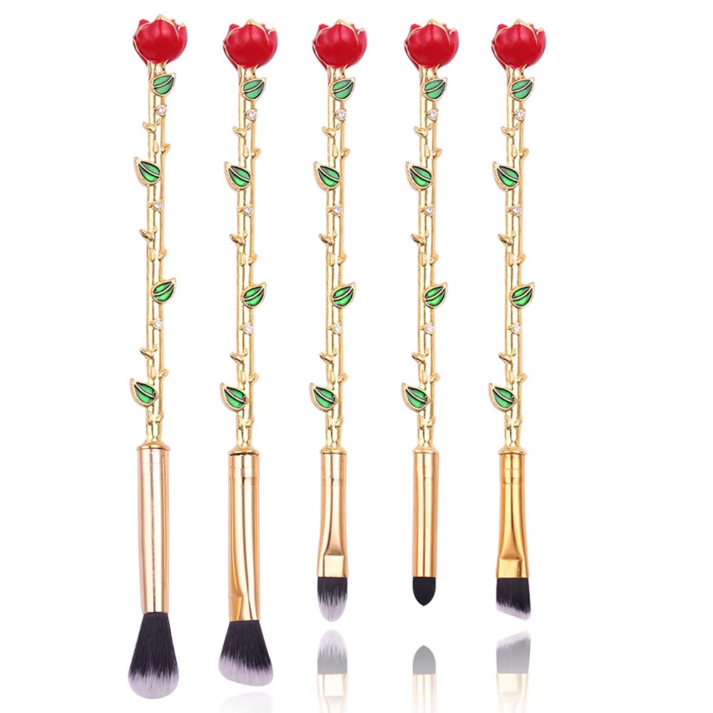 Rose Eye Makeup Brush Set - 5pcs Wand Makeup Brushes with Soft Synthetic Fiber and Metallic Handle for Eyebrow Eyeshadow Foundation Blending and Lips Great Gift for Sister Girlfriend Gold