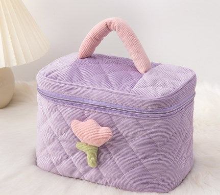 Corduroy Flower Makeup Bag Set for Travel and Beauty