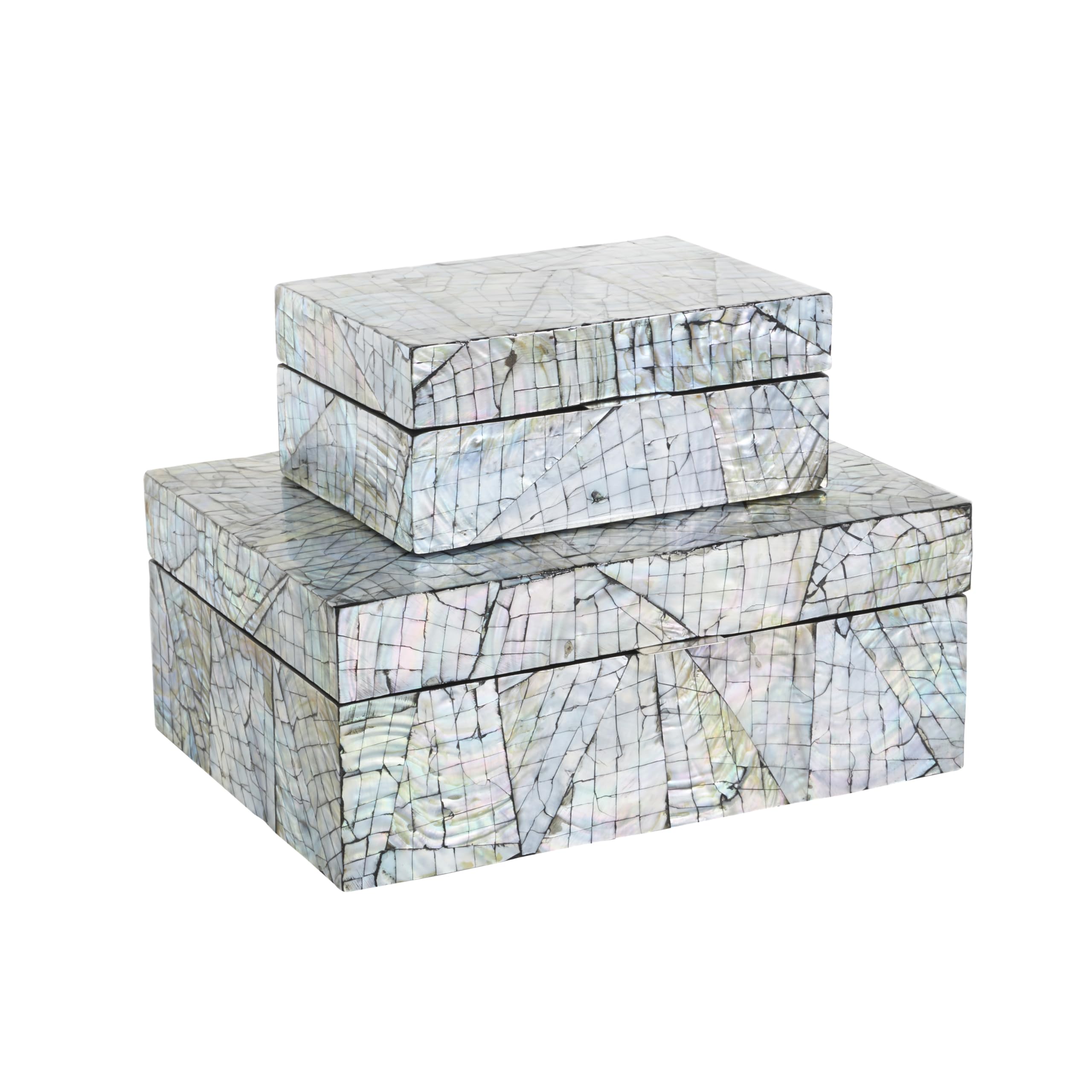 Deco 79 Mother of Pearl Shell Abstract Handmade Decorative Box Angular Mosaic Storage Decorative Keepsake Box with Iridescent Finish Set of 2 Storage Box 12" 8"W Multi Colored