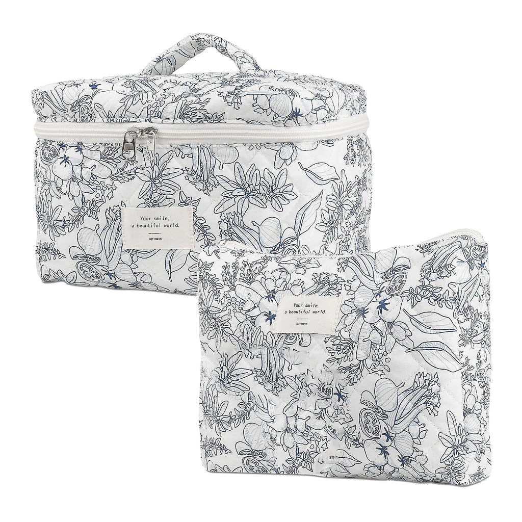 Large Makeup Bag Floral Cosmetic Bag Quilted Flower Travel Makeup Toiletry Bags Set Organizer Cotton Cute Make Up Accessories Zipper Bags Pouch Travel Essentials Gifts for Women Teen Girls Blue