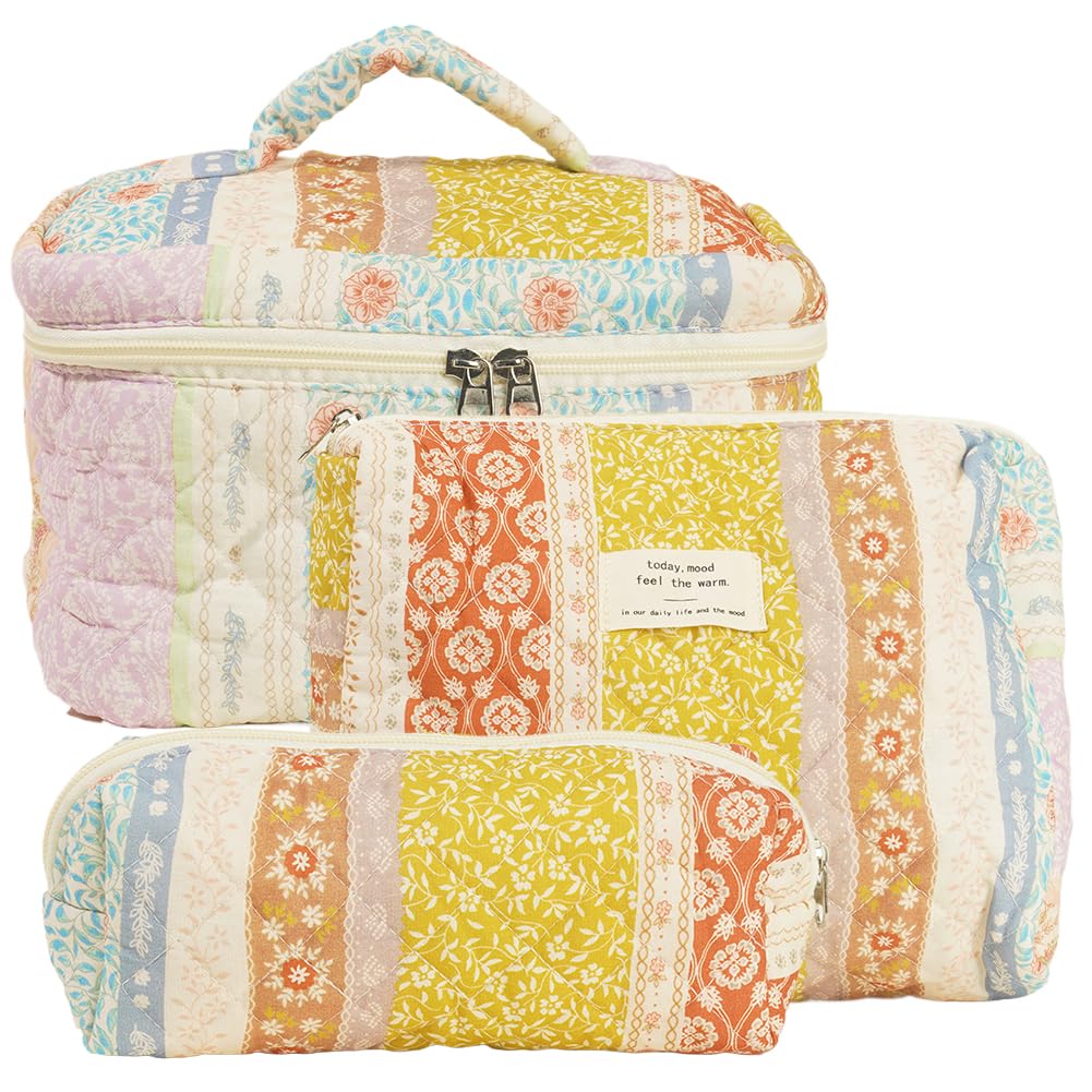 Generic Quilted Makeup Bag Set Cute Makeup Bag Cotton Floral Makeup Bag Set Aesthetic Coquette Toiletrybag for Travel Toiletry (Patchwork)