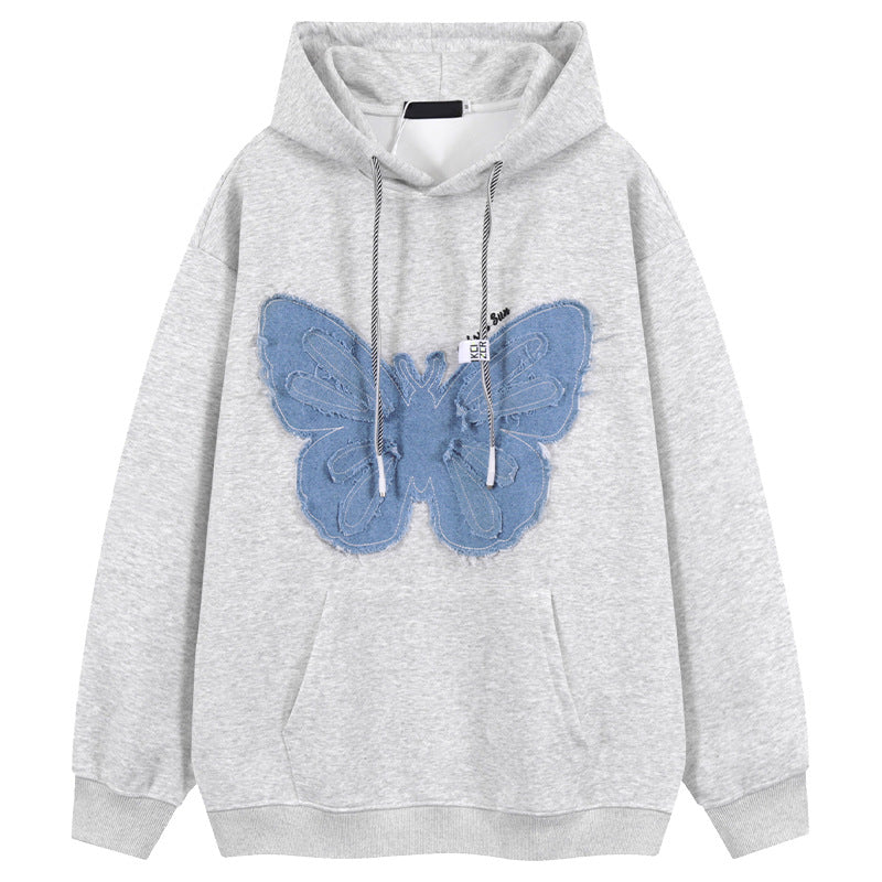 Retro Patch Denim Butterfly Flower Hoodie Sweatshirt