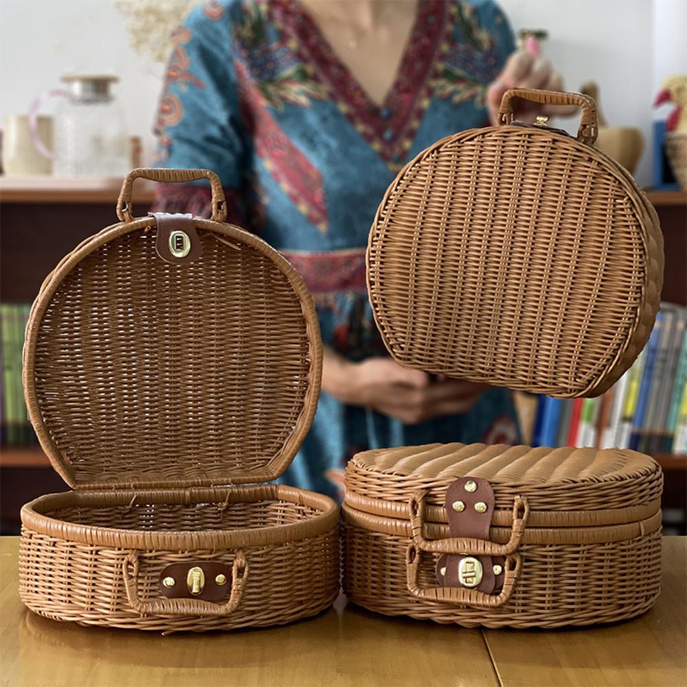 Vintage Rattan Makeup Storage Box - Portable Organizer Suitcase